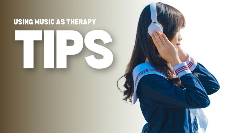 Student in uniform enjoying music with headphones, highlighting music's therapeutic benefits.