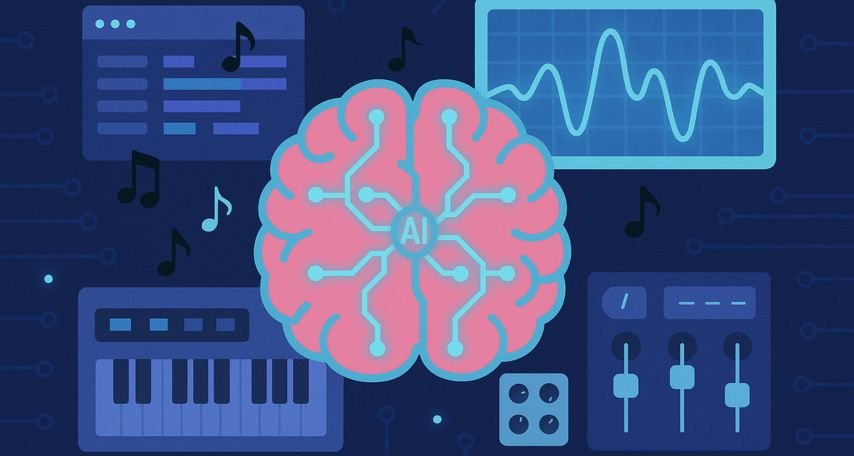 AI brain powers music tools in a vibrant digital landscape of sound and tech.