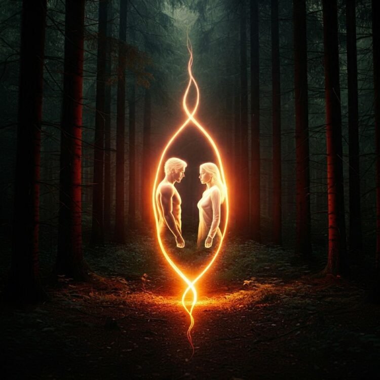 A glowing aura connects two souls in a forest at sunrise, symbolizing a deep spiritual connection.